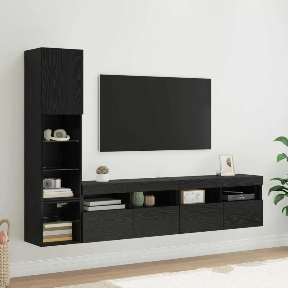 vidaXL TV-wandmeubel met LED 4 pcs Zwart Eiken Bewerkt hout