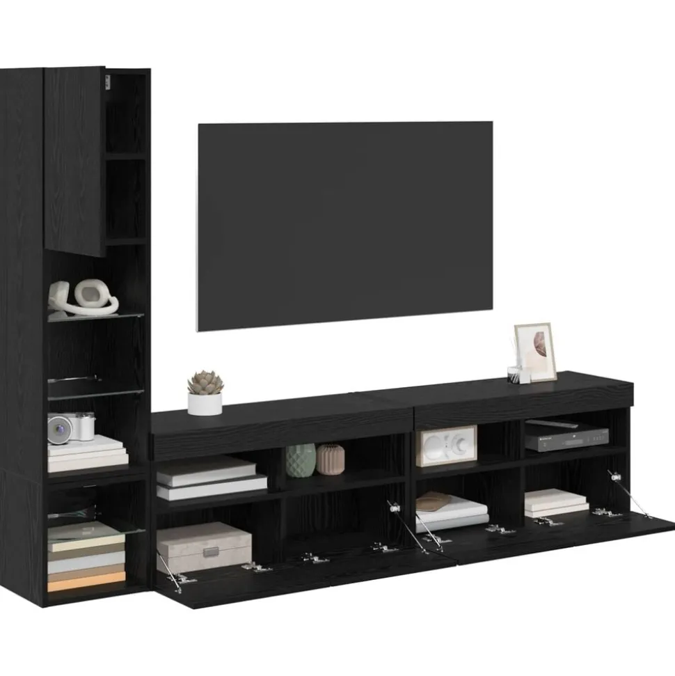 vidaXL TV-wandmeubel met LED 4 pcs Zwart Eiken Bewerkt hout