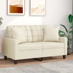 vidaXL Tweezitsbank met sierkussens 120 cm kunstleer crèmekleurig