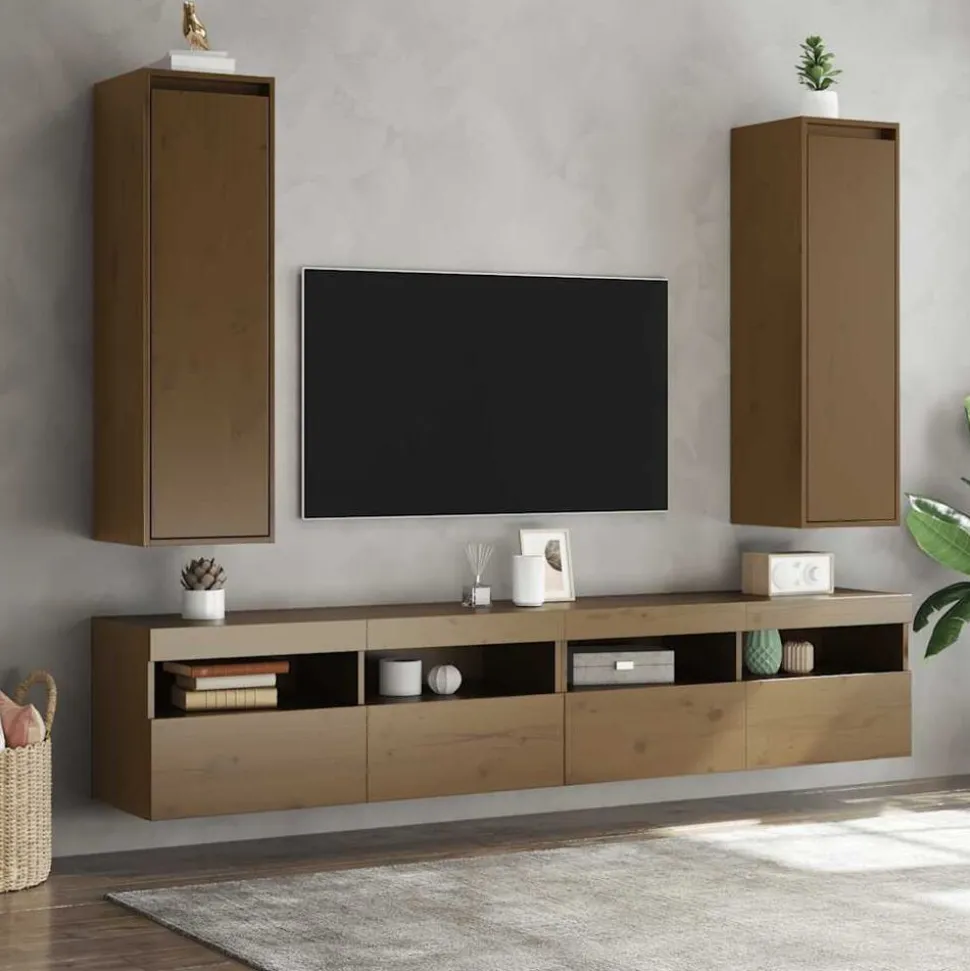 vidaXL Wandkasten 2 st 30x30x100 cm massief grenenhout honingbruin