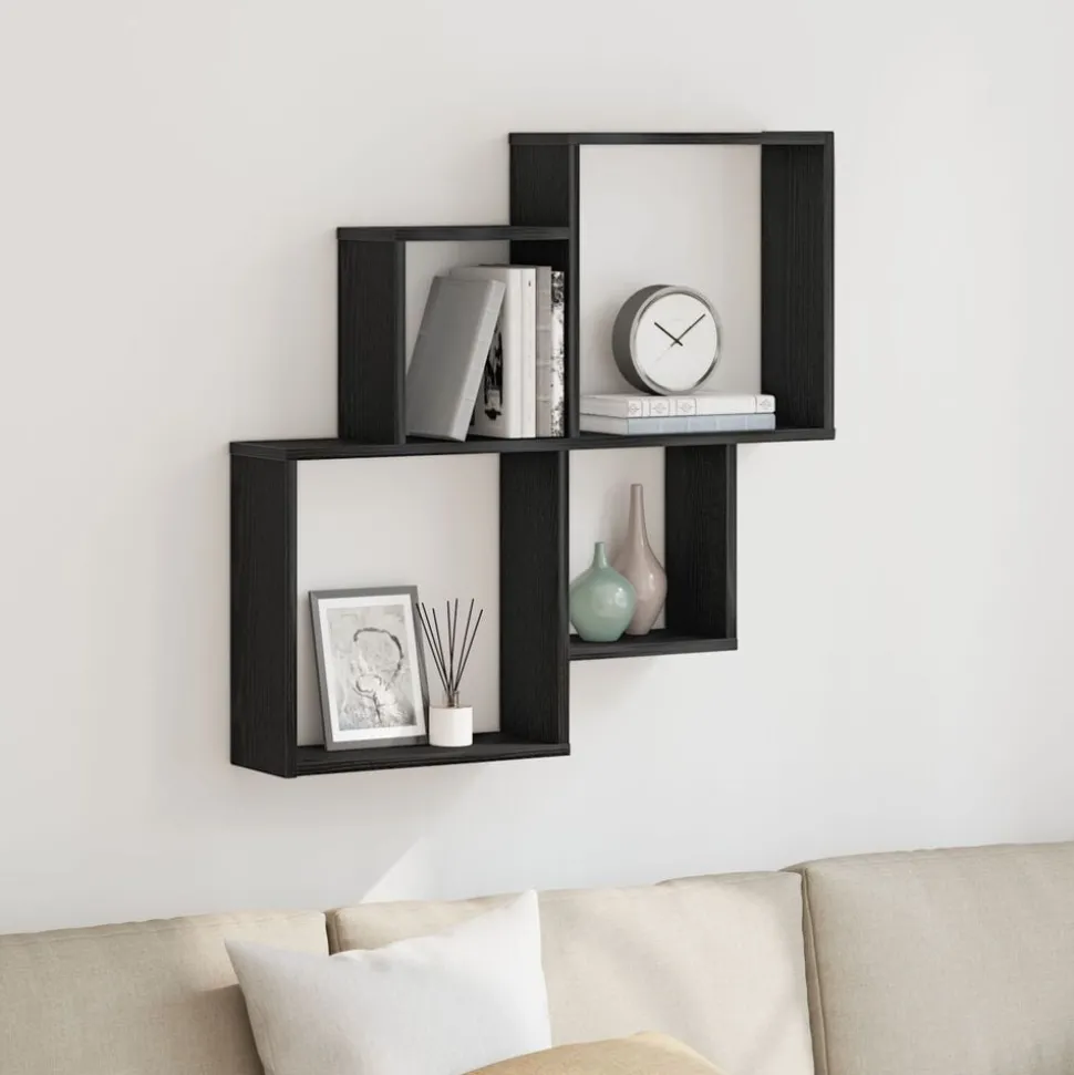 vidaXL Wandplank met plank Zwart Eiken 80 x 15 x 78,5 cm Bewerkt hout