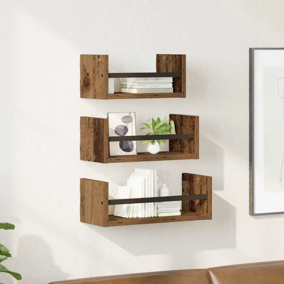 vidaXL Wandplankenset met plank 3 pcs Oud Hout 40x16x14cm Bewerkt hout