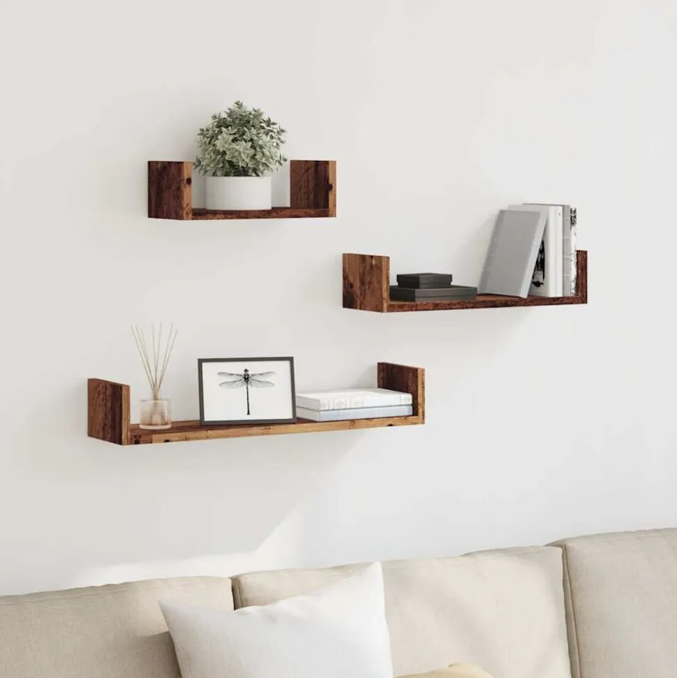 vidaXL Wandschappen 3 st bewerkt hout oud houtkleurig