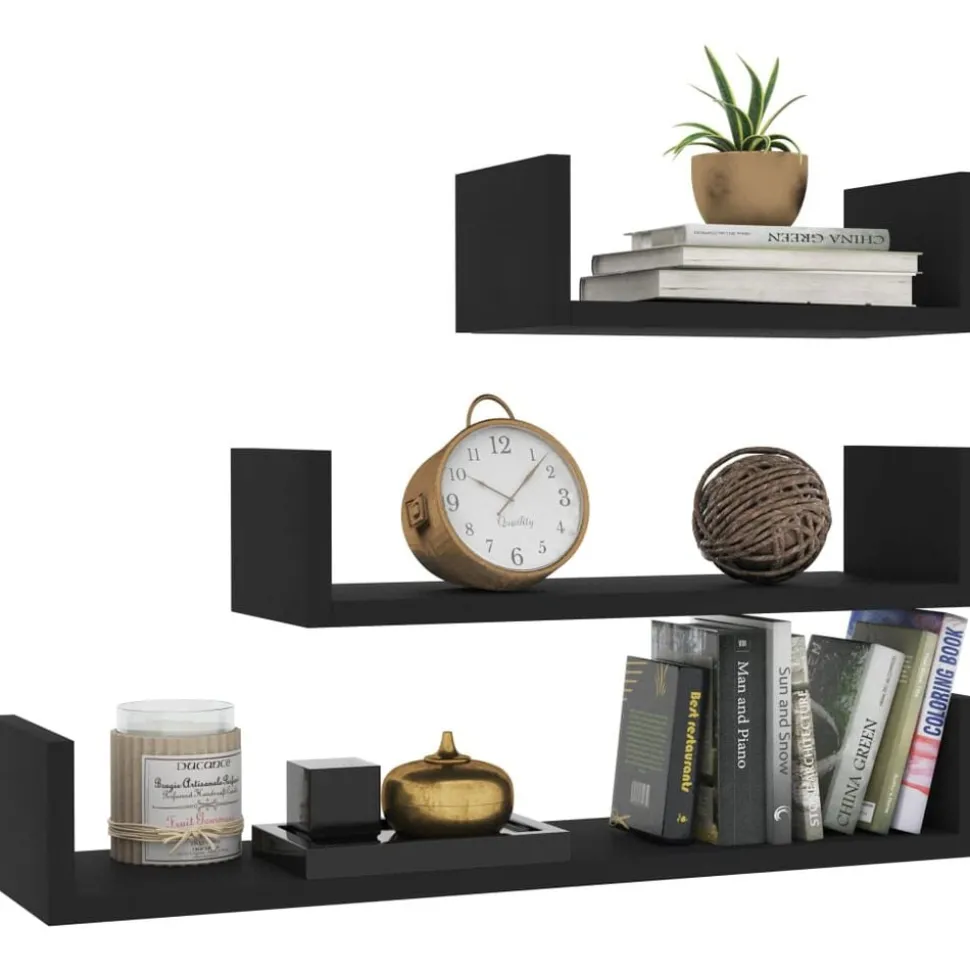 vidaXL Wandschappen 3 st bewerkt hout zwart