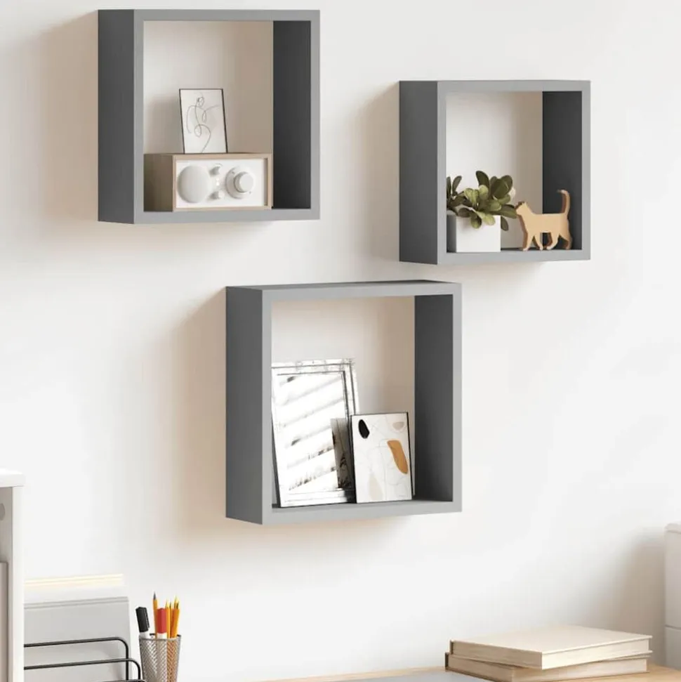 vidaXL Wandschappen kubus 3 st MDF grijs