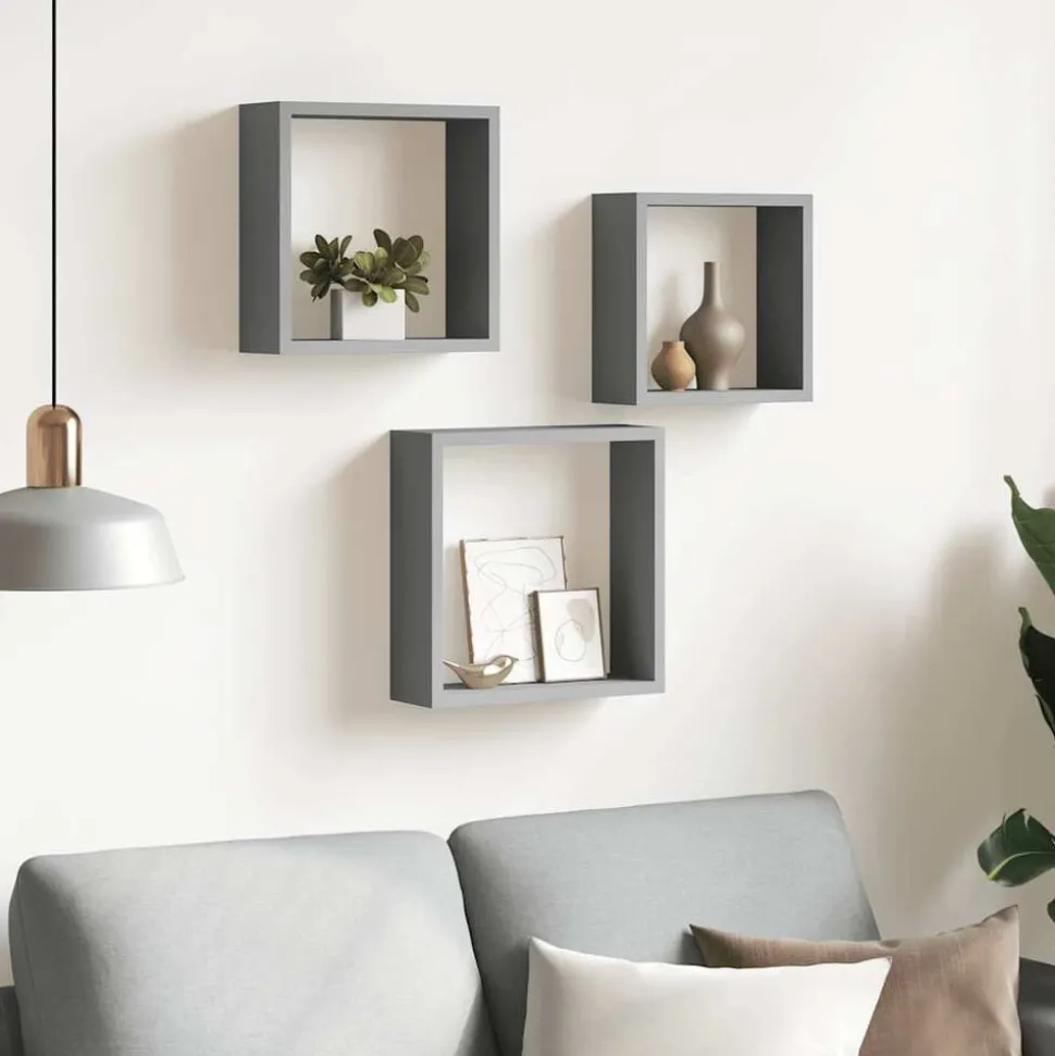 vidaXL Wandschappen kubus 3 st MDF grijs