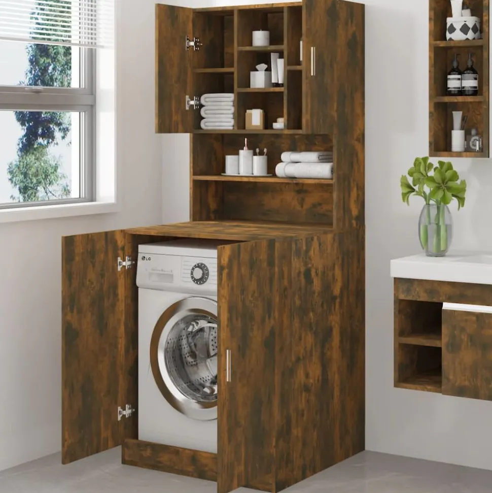 vidaXL Wasmachinekast bewerkt hout gerookt eikenkleurig