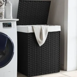 vidaXL Wasmand met deksel 46x33x60 cm poly rattan zwart