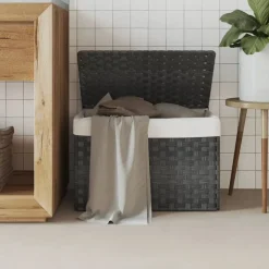 vidaXL Wasmand met deksel 55,5x35x34 cm poly rattan grijs