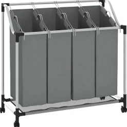 vidaXL Wasmand met wielen 4 vakken grijs