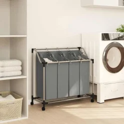 vidaXL Wasmand met wielen 4 vakken grijs