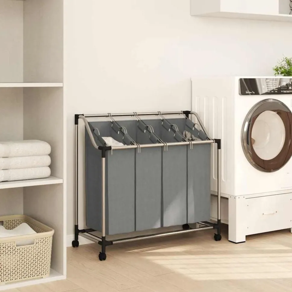 vidaXL Wasmand met wielen 4 vakken grijs