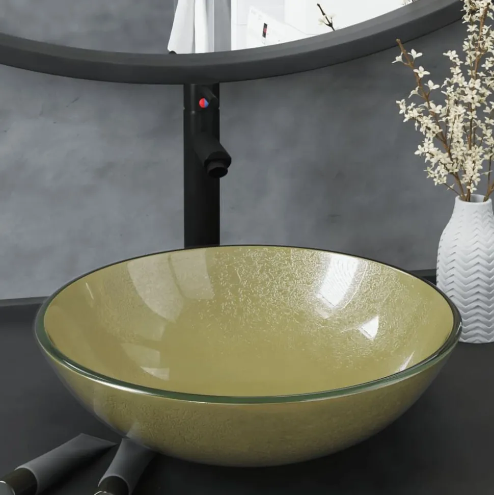 vidaXL Wastafel met kraan en pop-up afvoer gehard glas goudkleurig