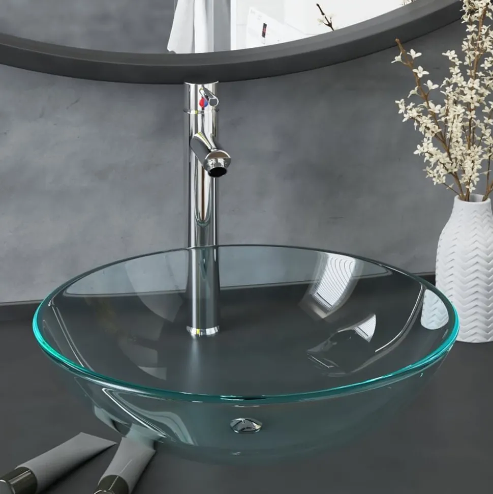 vidaXL Wastafel met kraan en pop-up afvoer gehard glas transparant