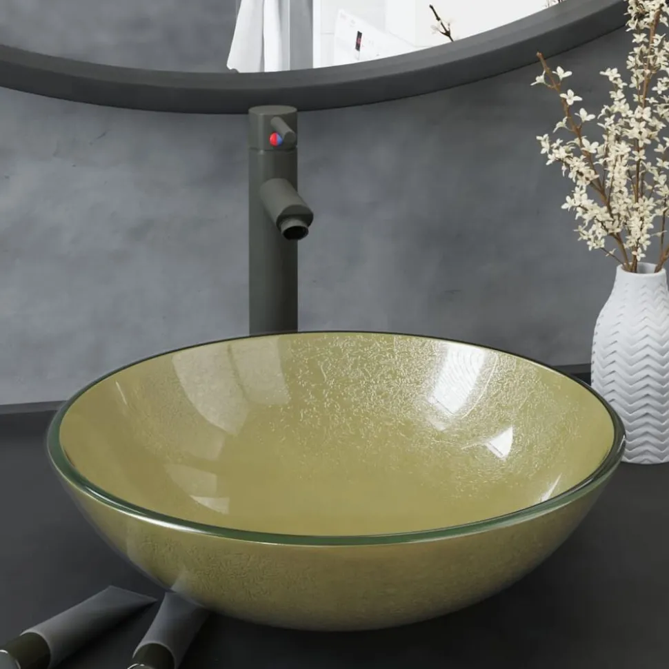 vidaXL Wastafel met kraan en pop-up afvoer gehard glas goudkleurig