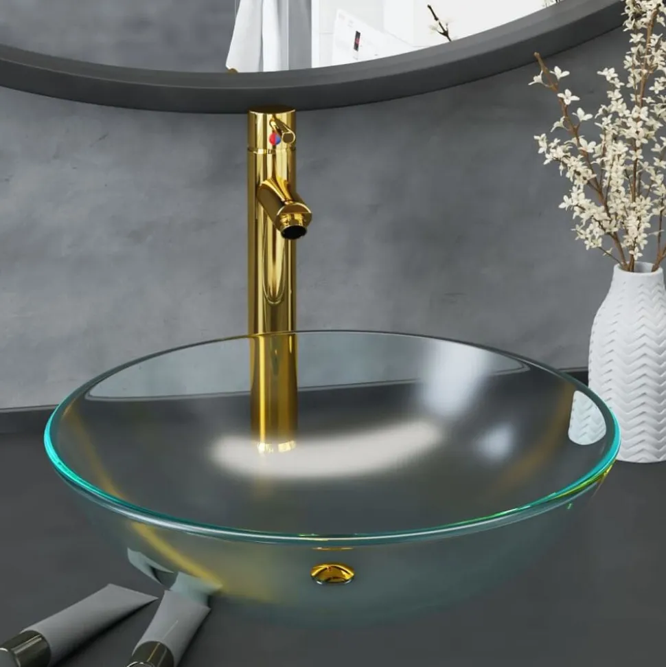 vidaXL Wastafel met kraan en pop-up afvoer mat gehard glas