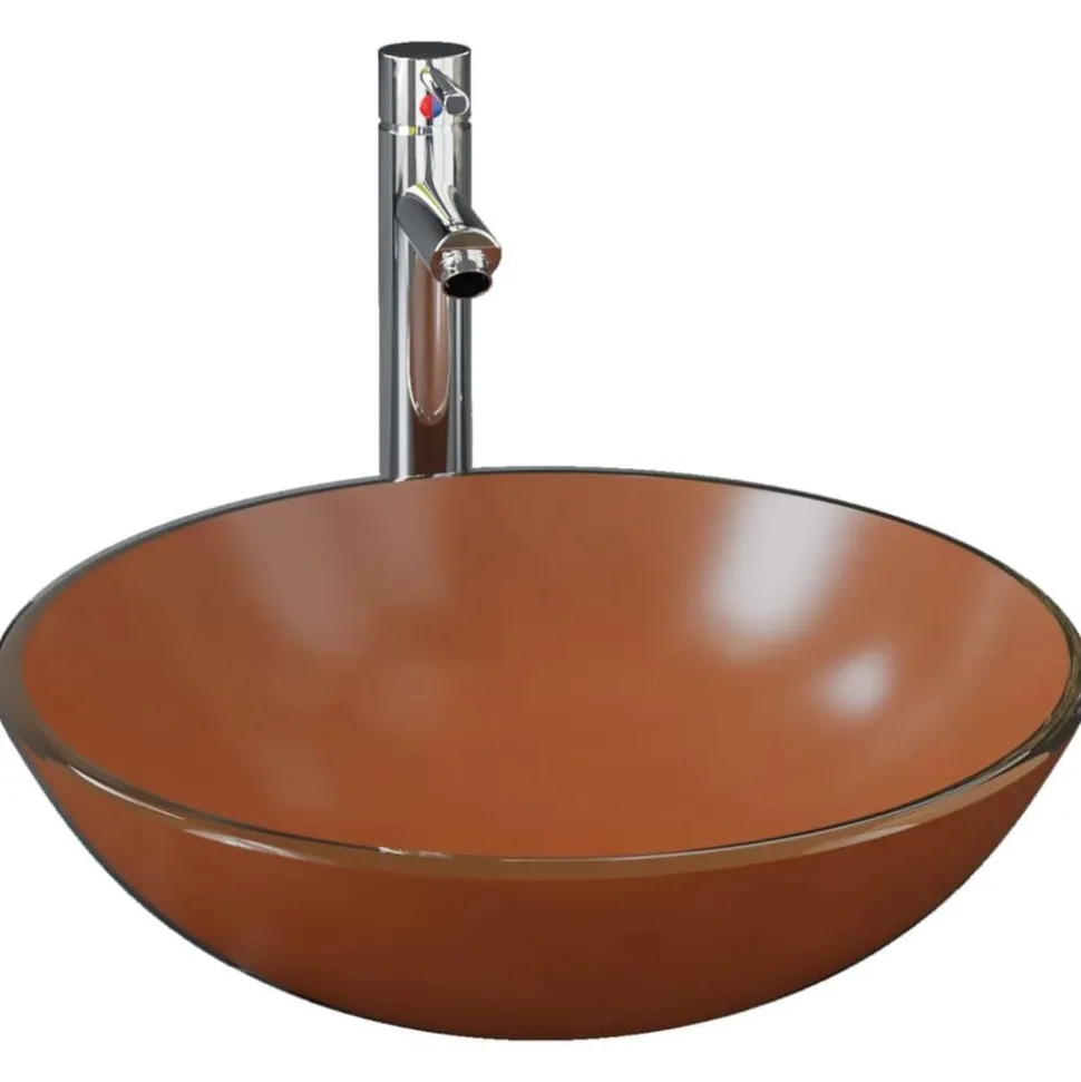 vidaXL Wastafel met kraan en pop-up afvoer gehard glas bruin