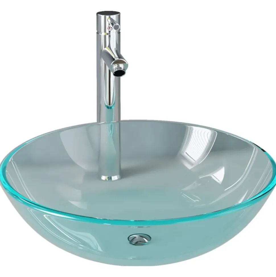 vidaXL Wastafel met kraan en pop-up afvoer gehard glas transparant
