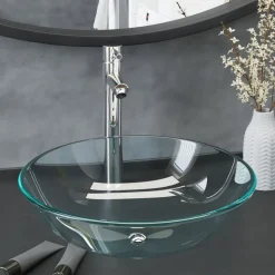 vidaXL Wastafel met kraan en pop-up afvoer gehard glas transparant