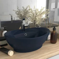 vidaXL Wastafel met overloop ovaal 58,5x39 cm keramiek mat donkerblauw