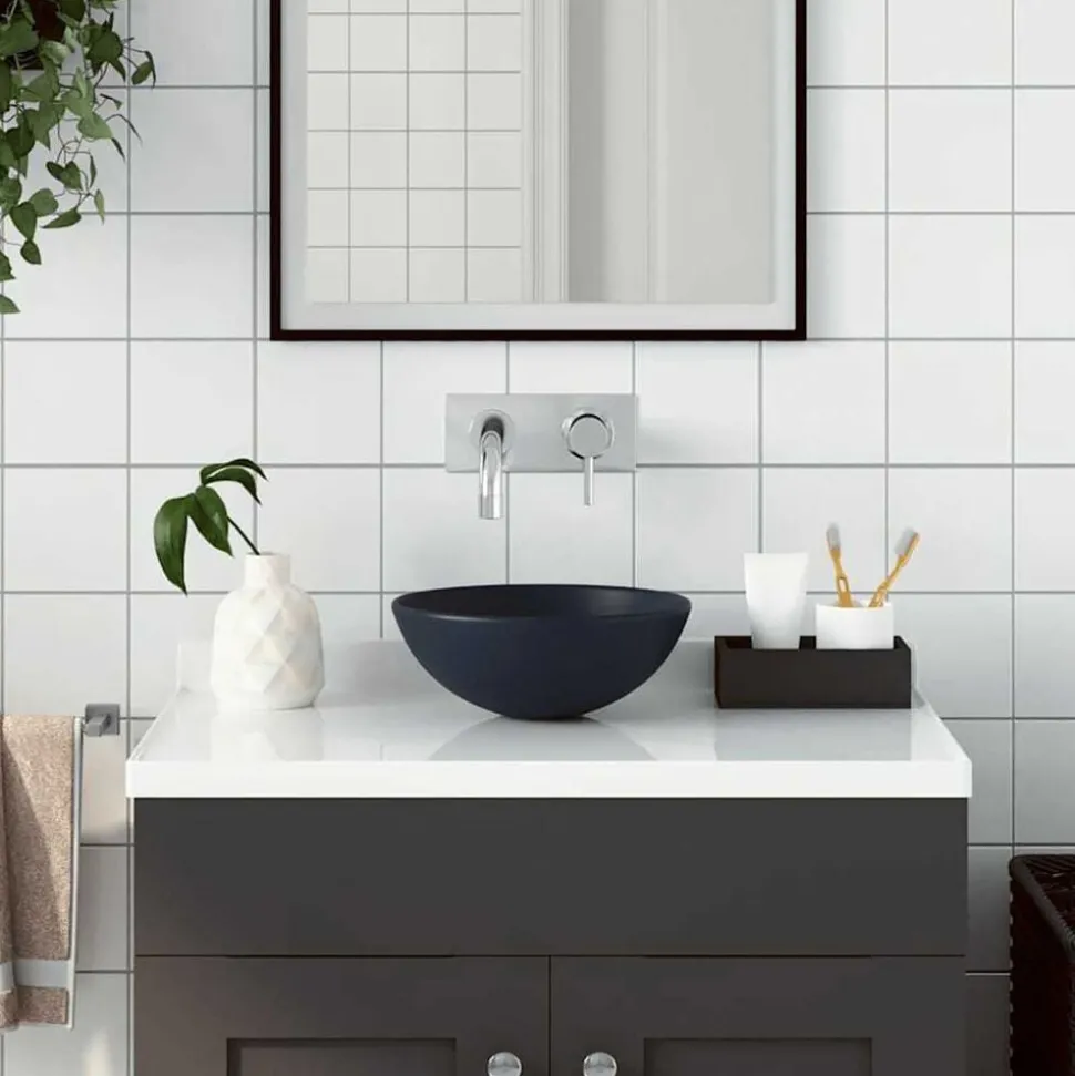 vidaXL Wastafel rond keramiek donkerblauw