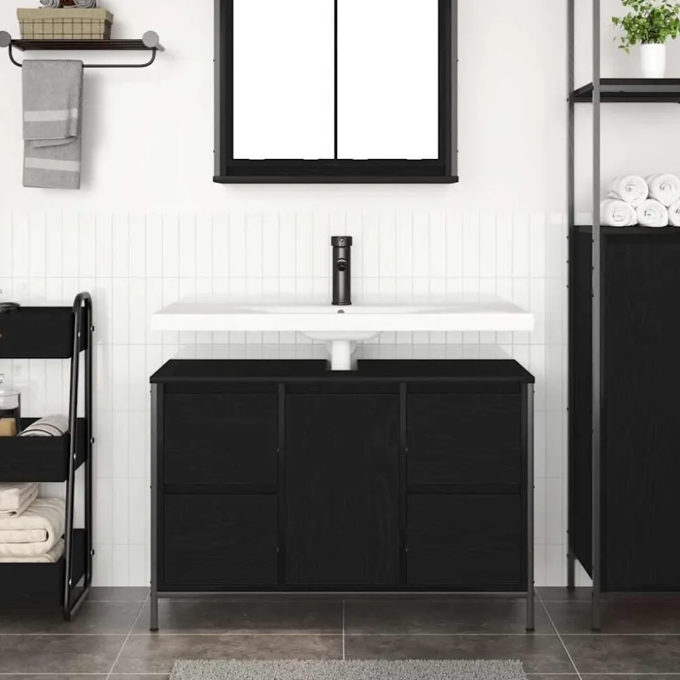 vidaXL Wastafelkast met lades 90x34,5x60 cm zwart eikenkleurig