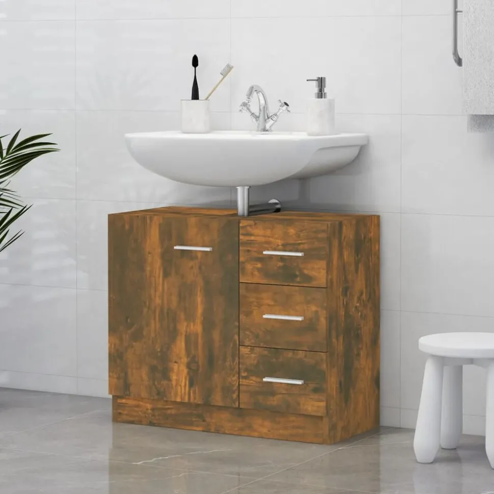 vidaXL Wastafelkast 63x30x54 cm bewerkt hout gerookt eikenkleurig