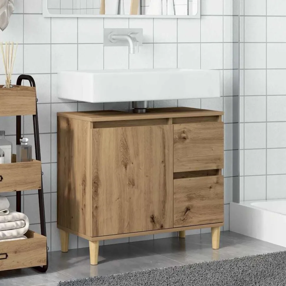 vidaXL Wastafelkast 65x33x60 cm bewerkt hout artisanaal eikenkleurig