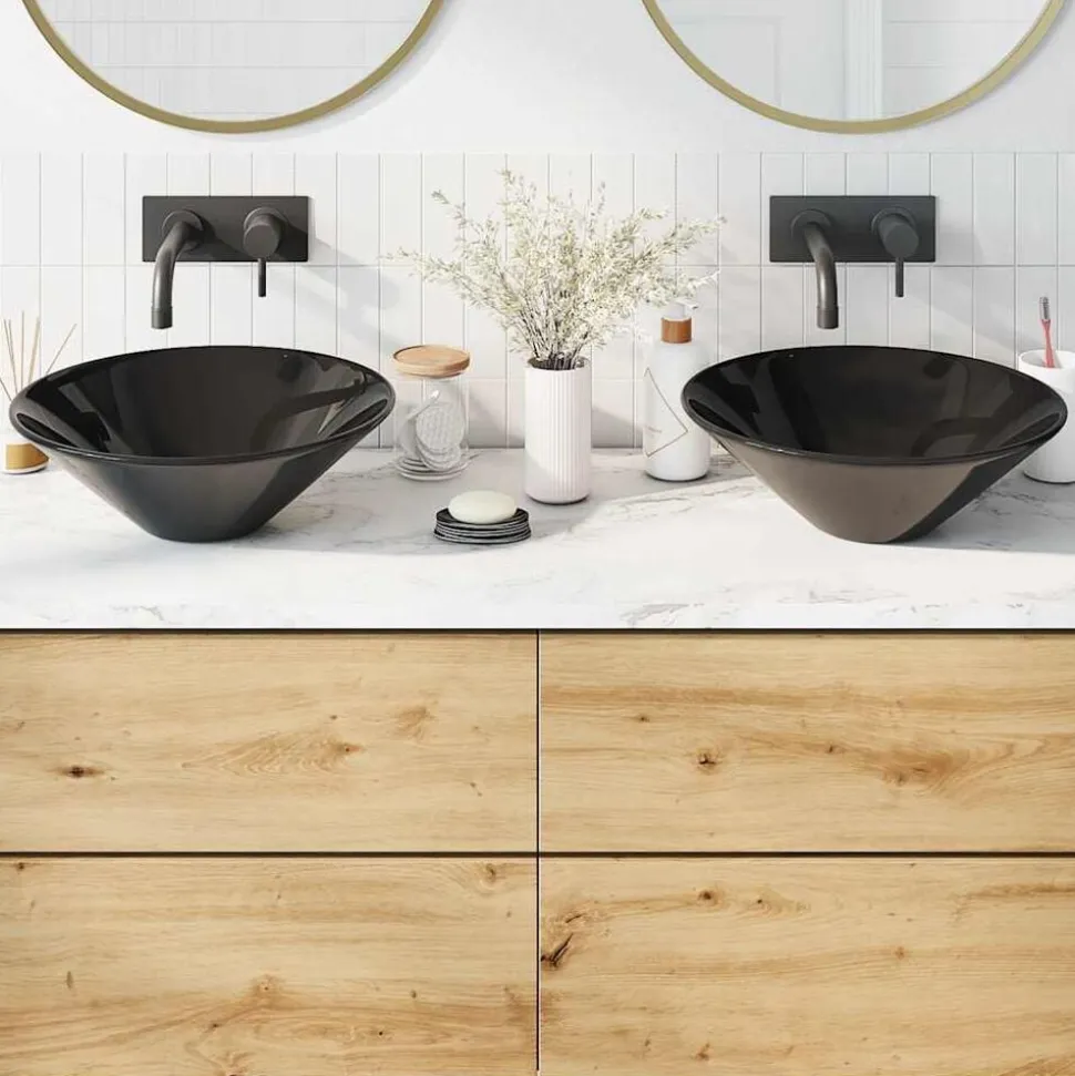 vidaXL Wastafels 2 st Ø42x14 cm keramiek glanzend zwart