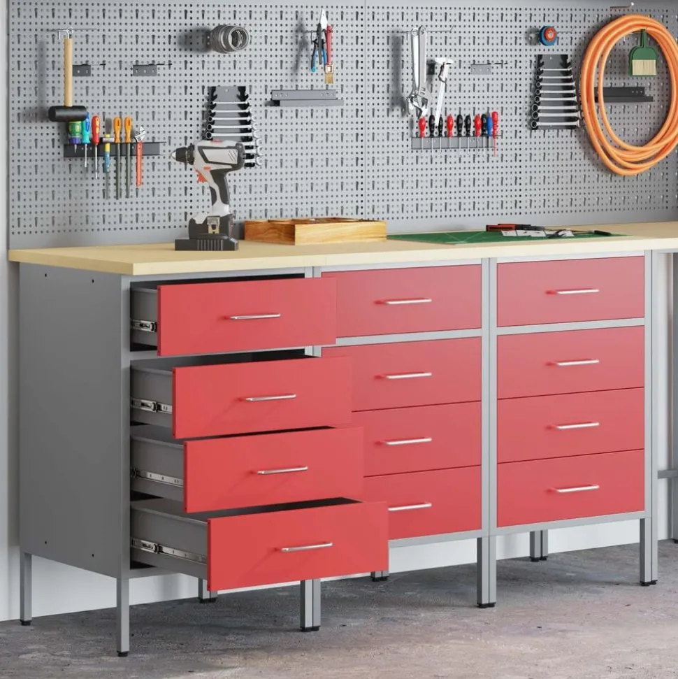 vidaXL Werk kast met lade 3 pcs Rood en Grijs 150 x 55 x 85 cm