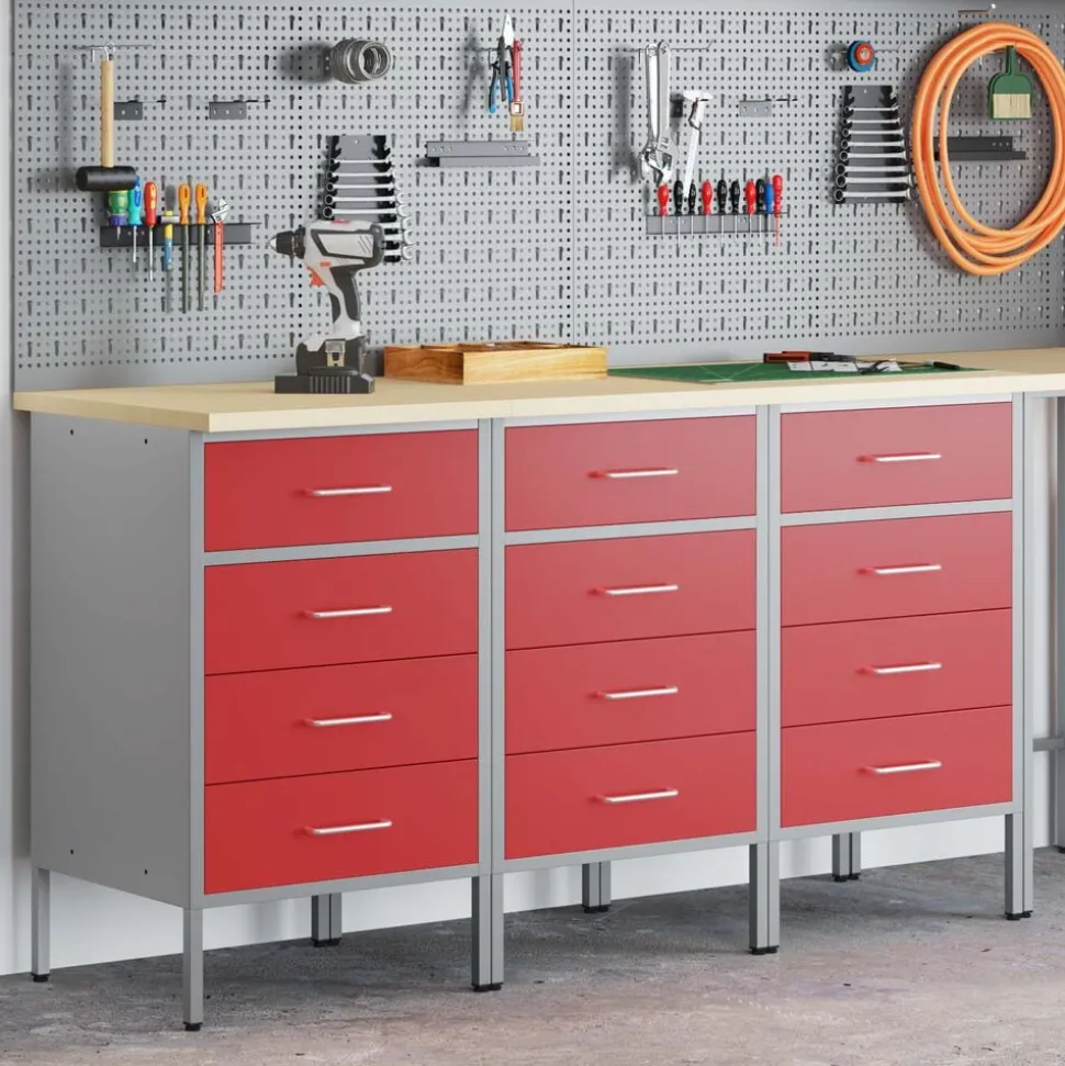 vidaXL Werk kast met lade 3 pcs Rood en Grijs 150 x 55 x 85 cm