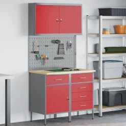vidaXL Werk kast met lade met slot 5 pcs Rood Engineered hout en staal