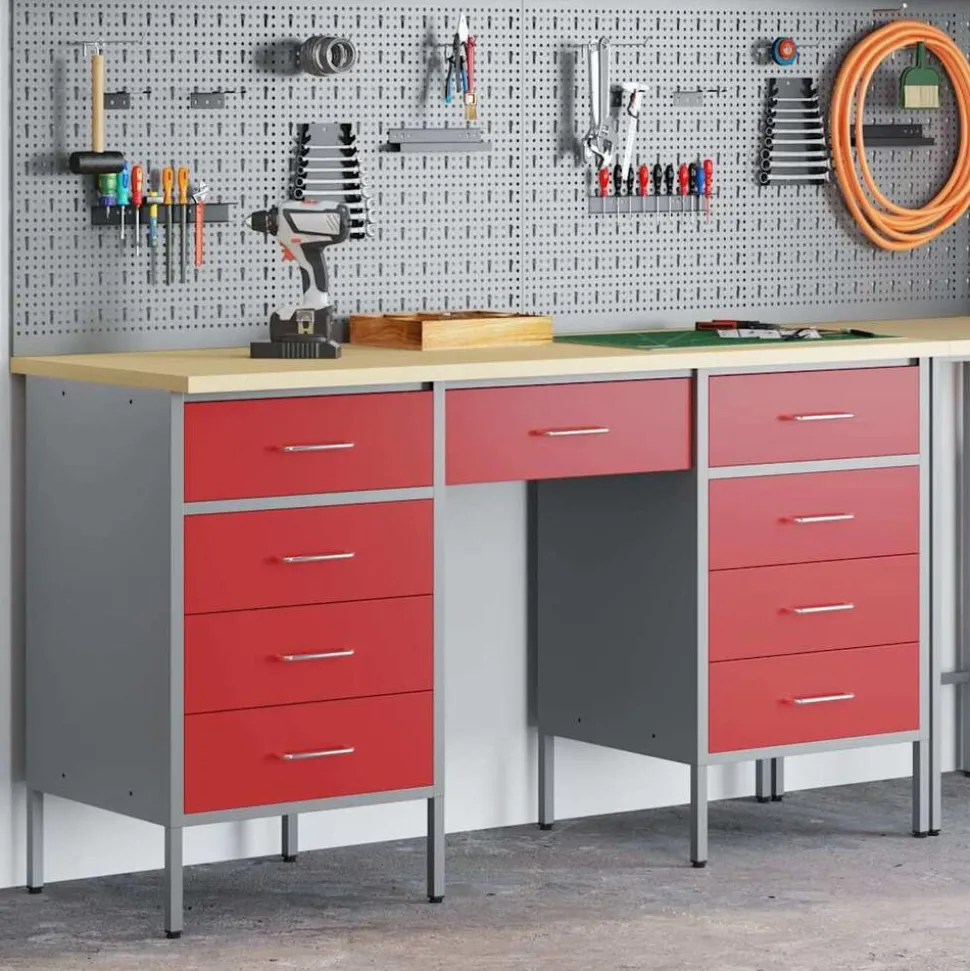 vidaXL Werk kast met lade 3 pcs Rood Engineered hout en staal