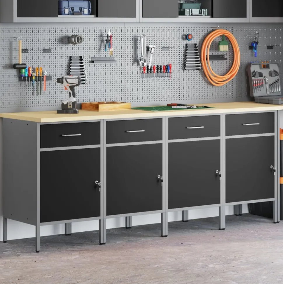 vidaXL Werk kast met lade 4 pcs Zwart en Grijs 200 x 55 x 85 cm