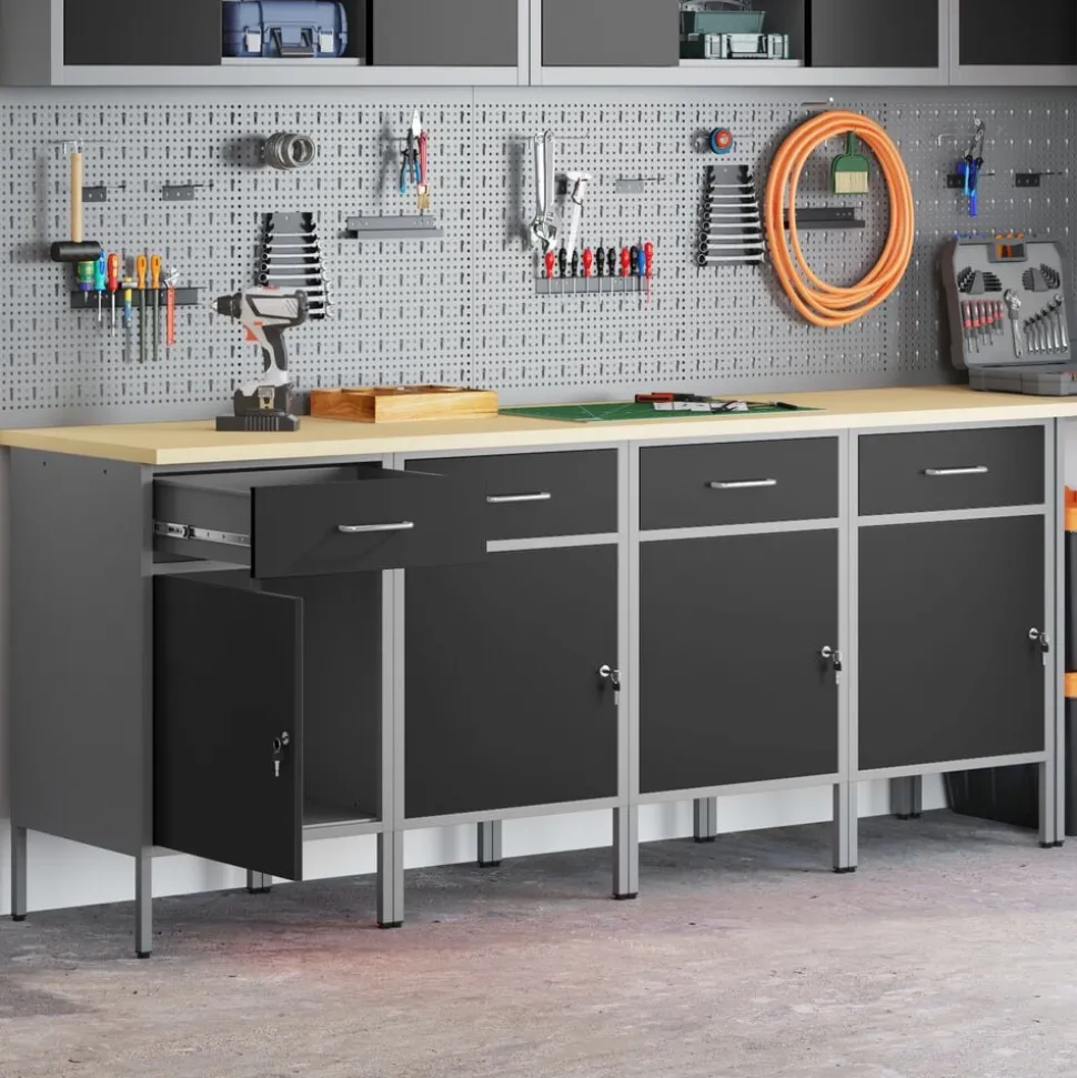 vidaXL Werk kast met lade 4 pcs Zwart en Grijs 200 x 55 x 85 cm