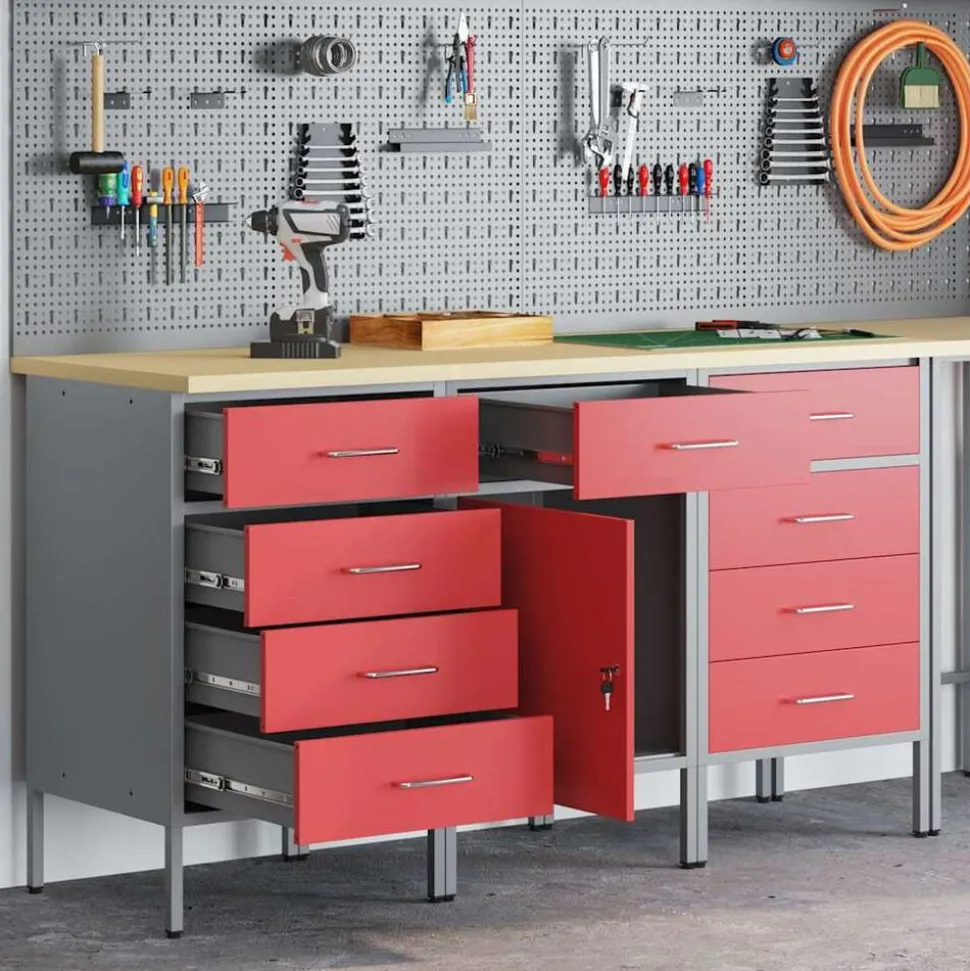 vidaXL Werk kast met lade 3 pcs Rood en Grijs 150 x 55 x 85 cm