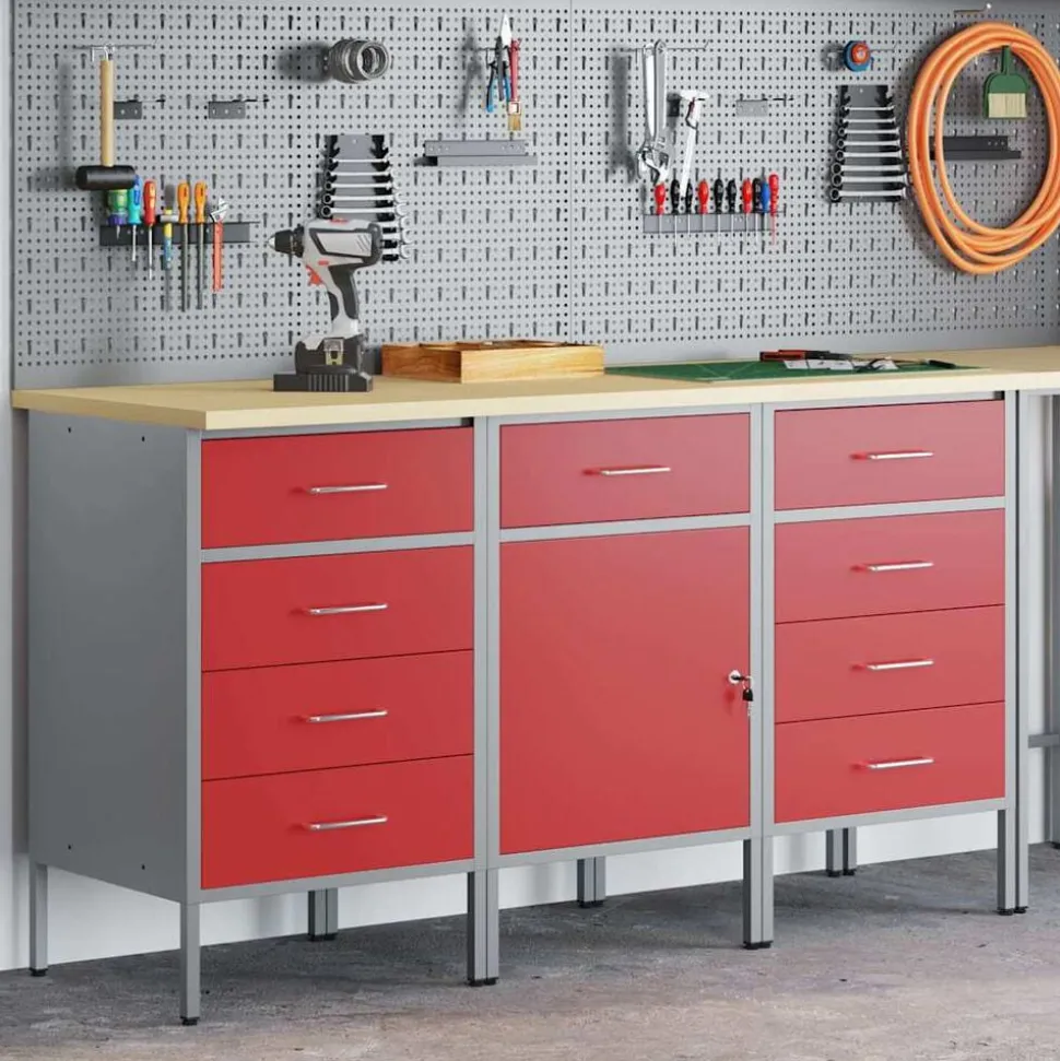 vidaXL Werk kast met lade 3 pcs Rood en Grijs 150 x 55 x 85 cm