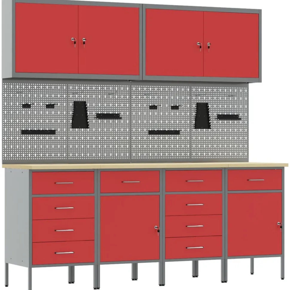 vidaXL Werk kast met lade 10 pcs Rood Engineered hout en staal