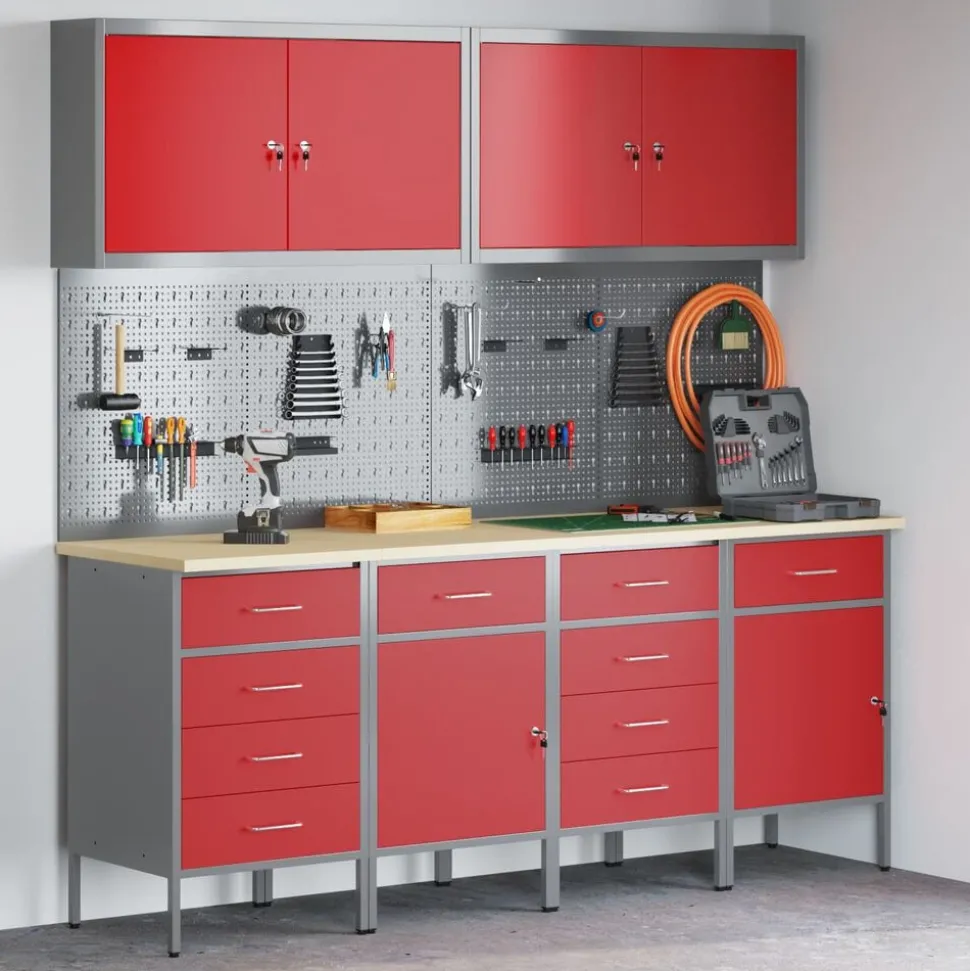 vidaXL Werk kast met lade 10 pcs Rood Engineered hout en staal