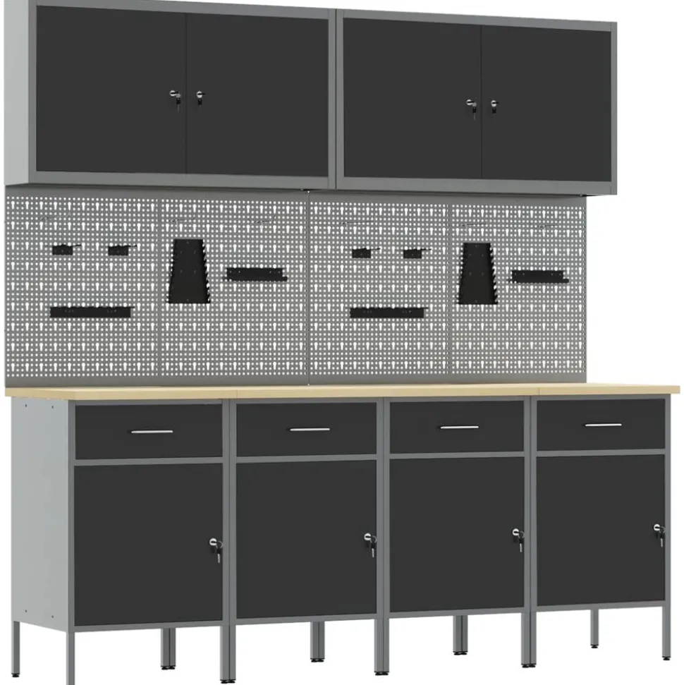 vidaXL Werk kast met lade 10 pcs Zwart Engineered hout en staal