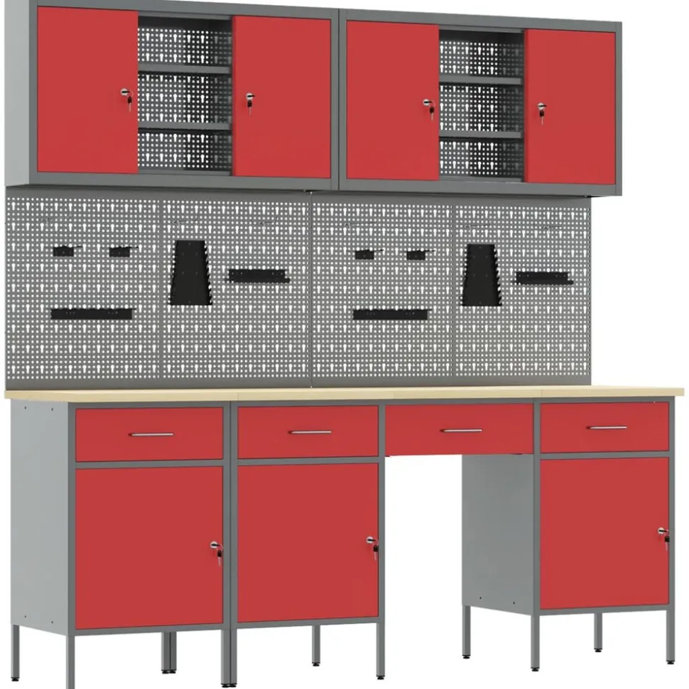vidaXL Werk kast met lade 10 pcs Rood Engineered hout en staal