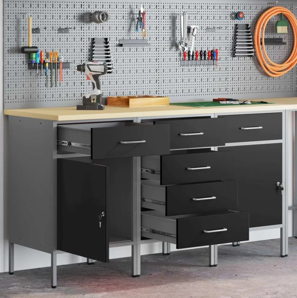 vidaXL Werk kast met lade 3 pcs Zwart en Grijs 150 x 55 x 85 cm