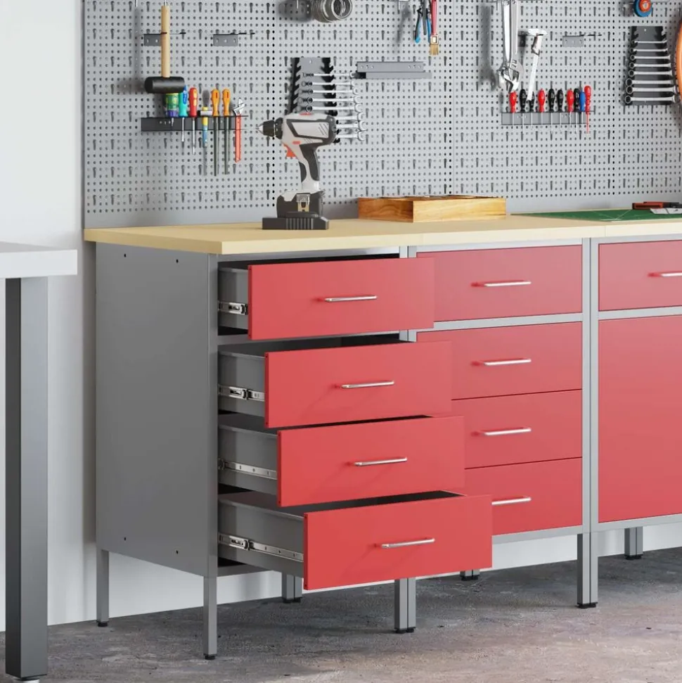 vidaXL Werk kast met lade 2 pcs Rood en Grijs 100 x 55 x 85 cm