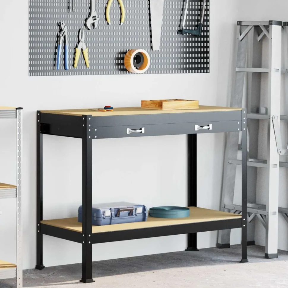 vidaXL Werkbank met lade Zwart 114 x 54 x 91 cm Bewerkt hout en metaal