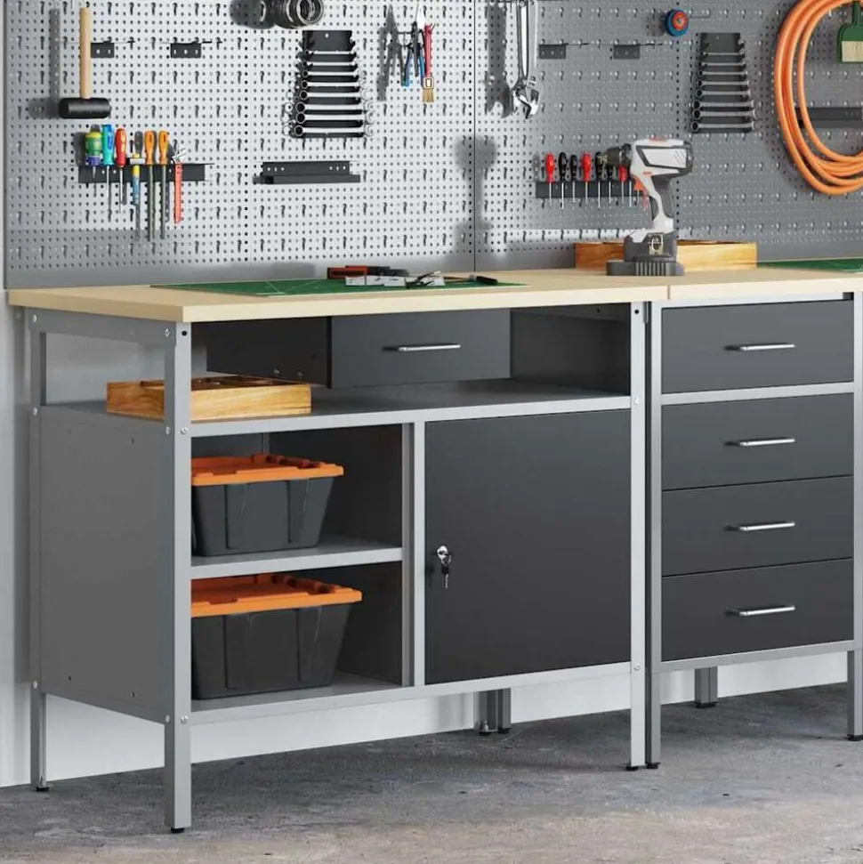 vidaXL Werkbank met lade met plank Zwart en Grijs 100 x 55 x 85 cm