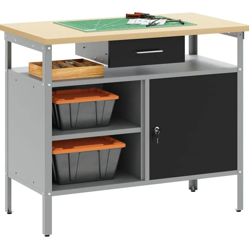 vidaXL Werkbank met lade met plank Zwart en Grijs 100 x 55 x 85 cm