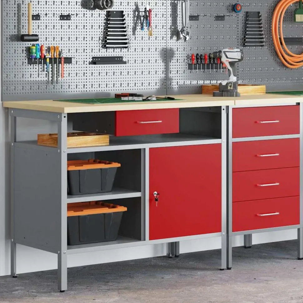 vidaXL Werkbank met lade met plank Rood en Grijs 100 x 55 x 85 cm