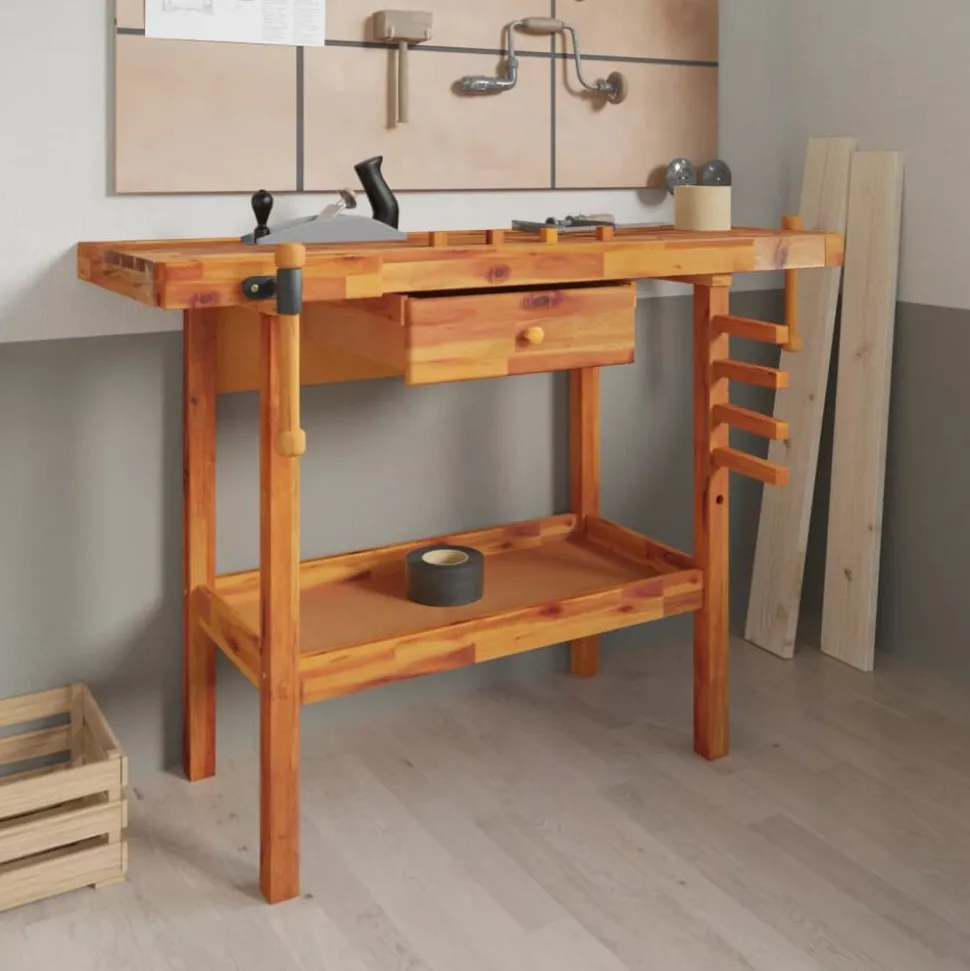 vidaXL Werkbank met lade en bankschroeven 124x52x83 cm massief acaciahout