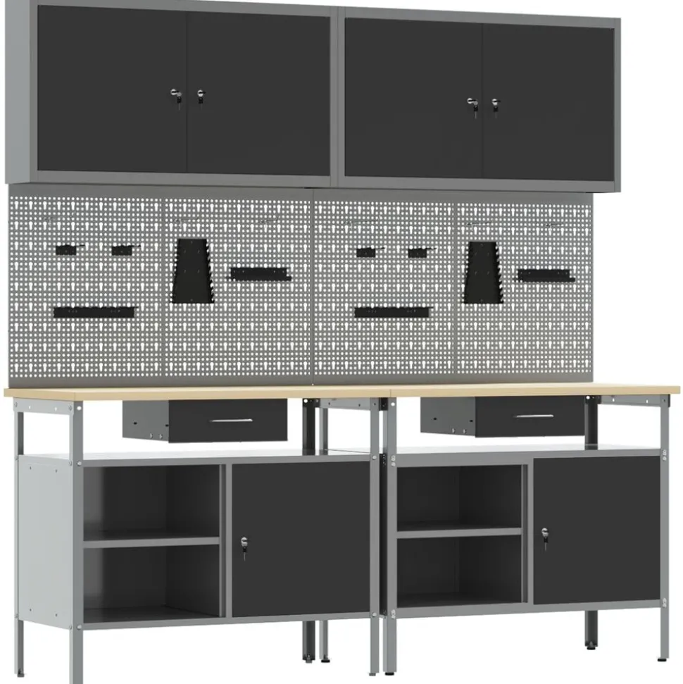 vidaXL Werkbankset met lade 8 pcs Zwart en Grijs Gepoedercoat staal