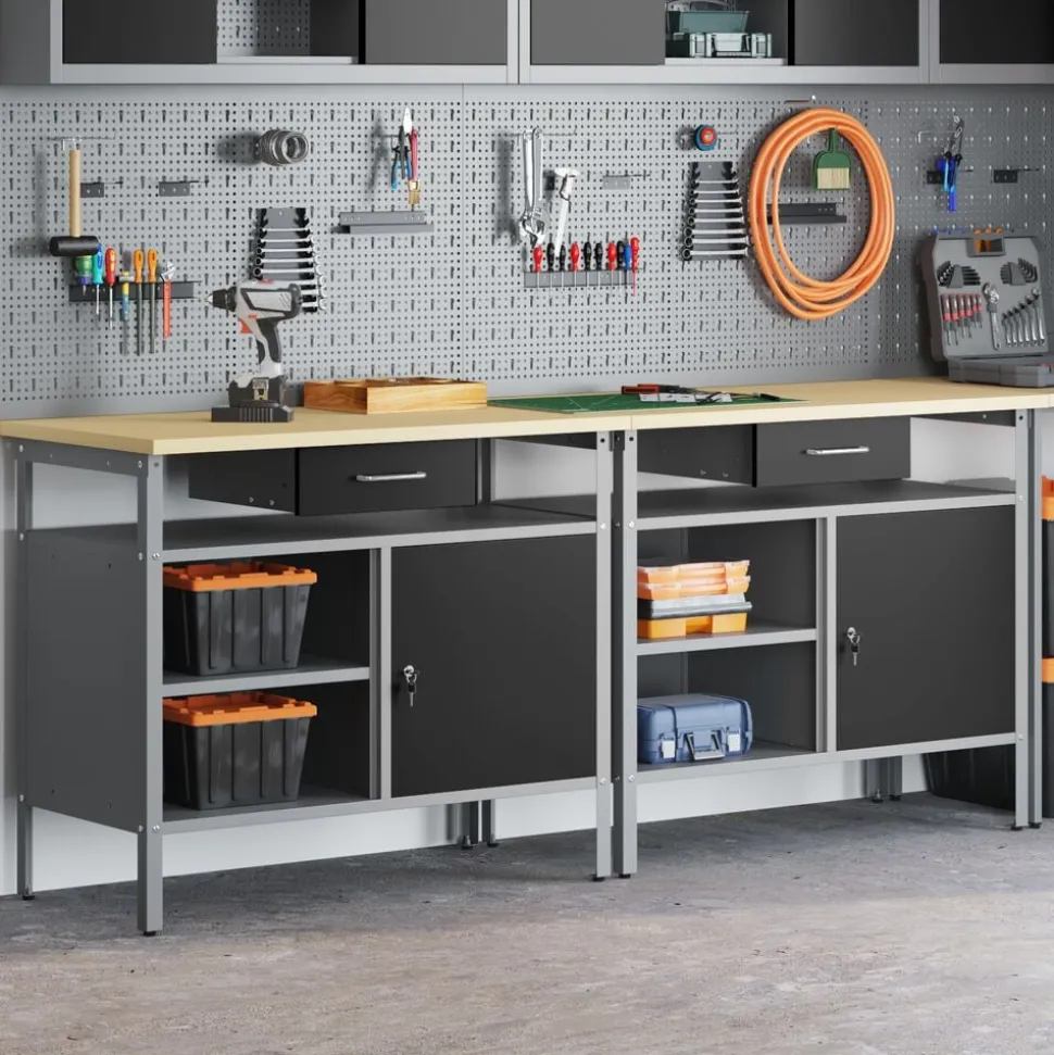 vidaXL Werkbankset met lade 2 pcs Zwart en Grijs 200 x 55 x 85 cm